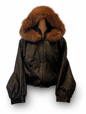 80's Saga Furs Leather Jacket W/ Removable Vintage Fur Hood. - Unisex